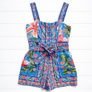 FARM Rio Stitched Garden Romper Blue Floral Large L Sleeveless Pockets